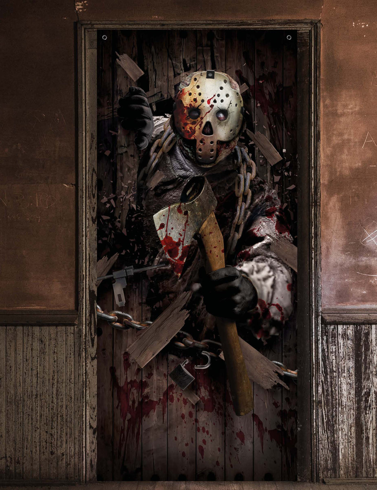 Décoration de porte assassin à la hâche marron et ensanglantée avec masque de hockey
