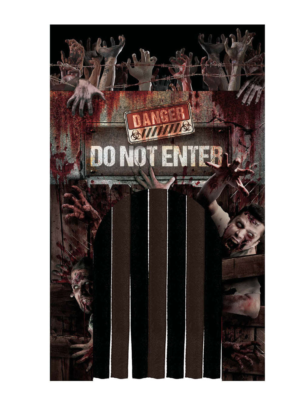 Décoration de porte avec rideau zombies pour Halloween sanglante avec mains et panneau Danger