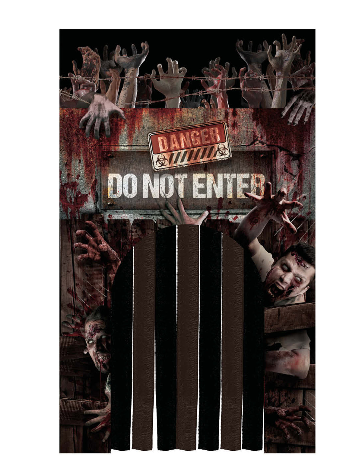 Décoration de porte avec rideau zombies pour Halloween sanglante avec mains et panneau Danger