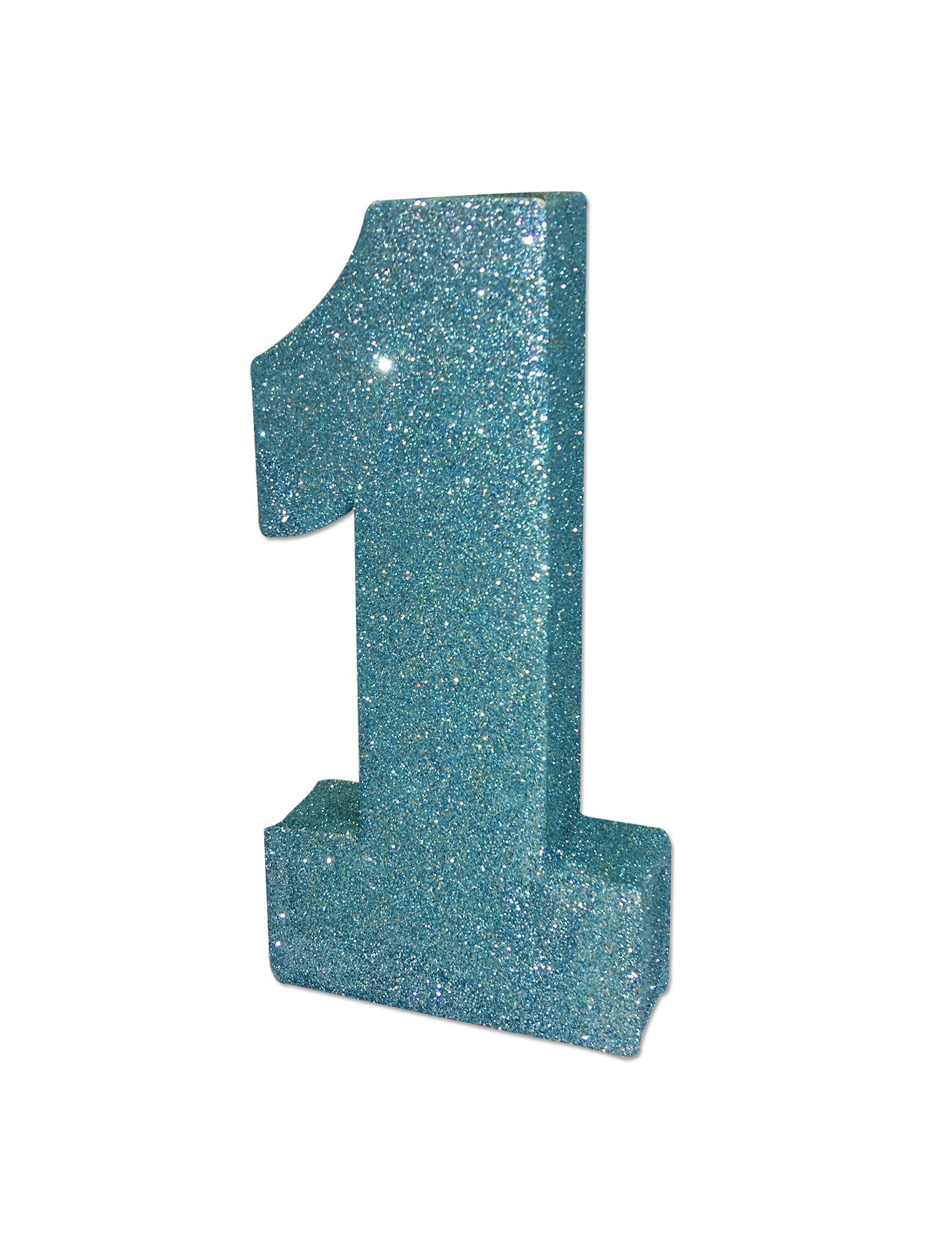 Trblietavá modrá stolová dekorácia s číslom 1 na 1. narodeniny