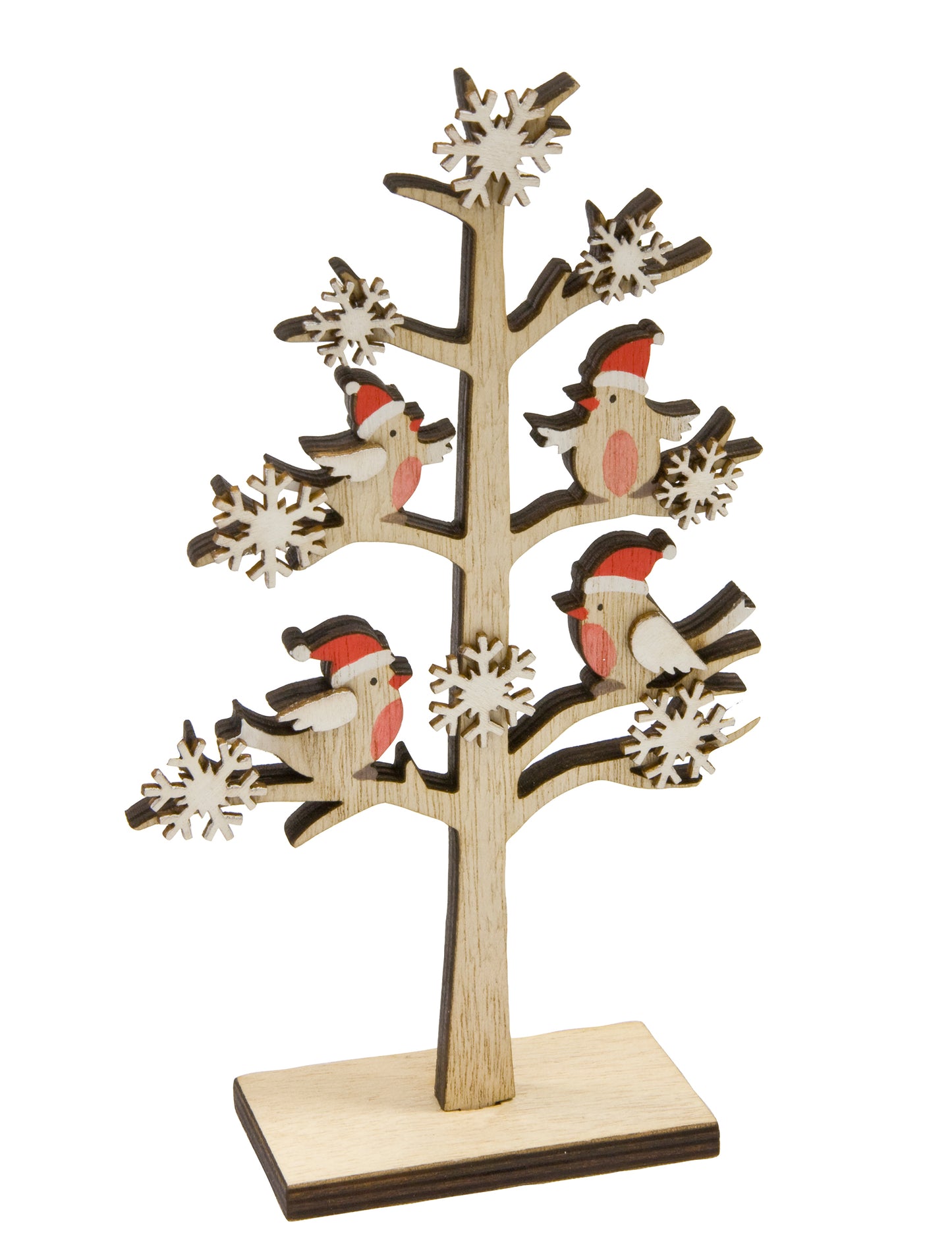 Drevená dekorácia na stromček s vtáčikmi na sedenie a vianočnými snehovými vločkami 18 x 11 x 4 cm