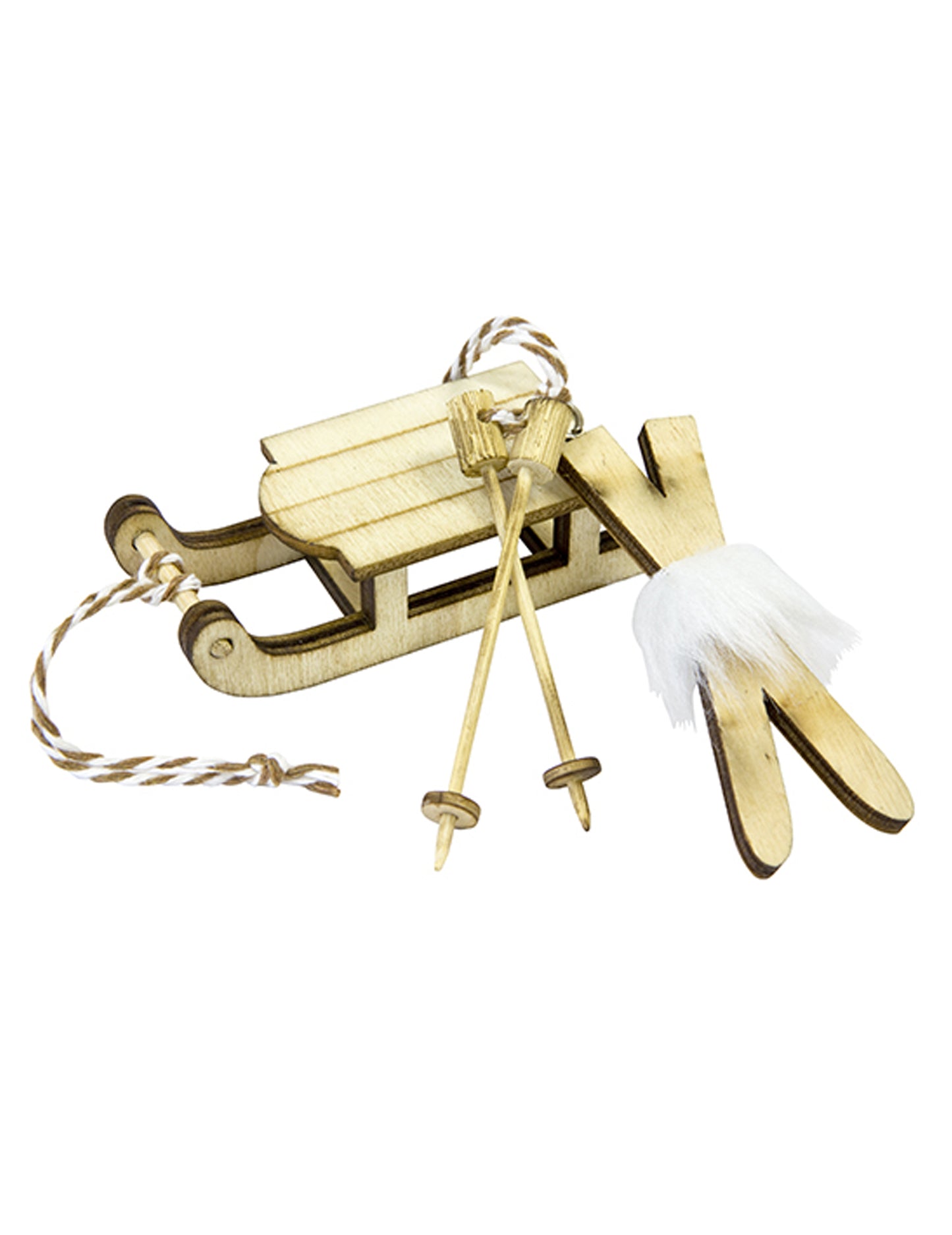 Drevená dekorácia saní a páru lyží, 7,8 x 3 cm na Vianoce