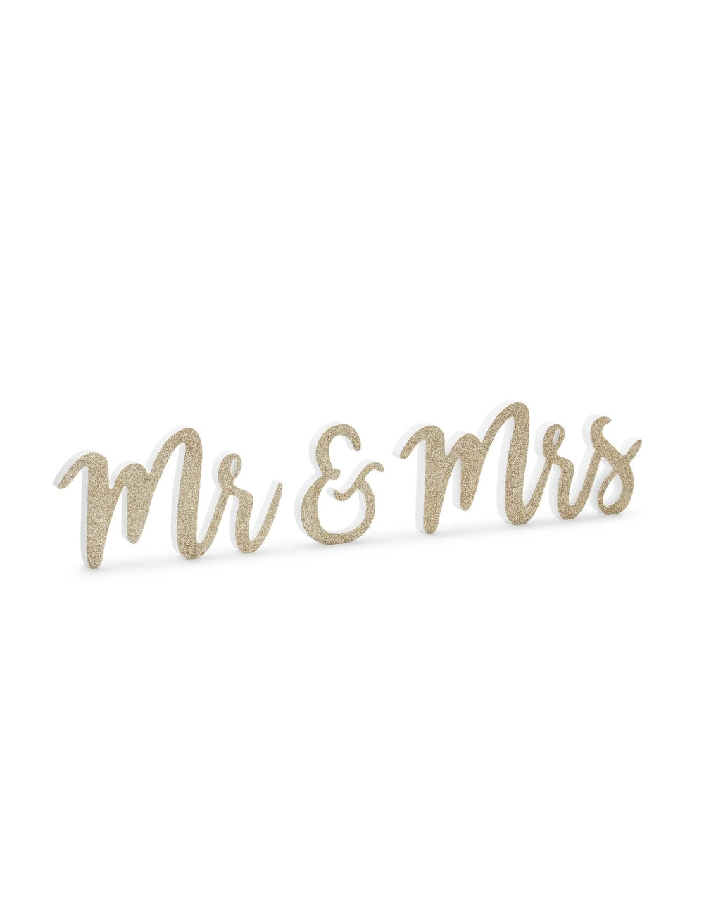 Drevená dekorácia Mr et Mrs na svadbu, zlatá s trblietkami