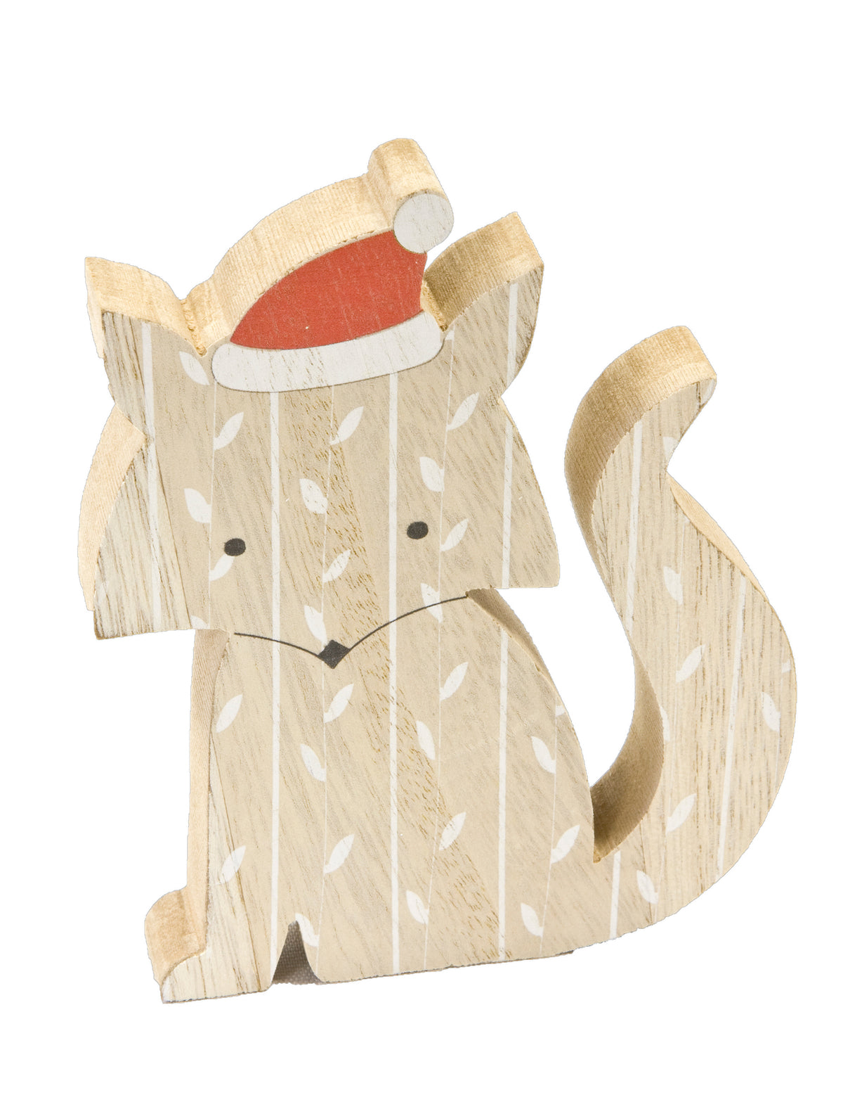 Décoration en bois renard avec bonnet de Noël aux tons naturels