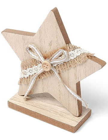 Drevená hviezdičková dekorácia s jutou a čipkou 13 cm 
