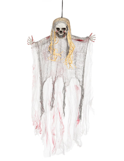 Décoration fantôme sanglant pour Halloween blanche et grise avec cheveux blonds