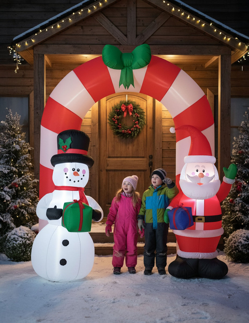 Décoration gonflable lumineuse Arche de Noël pour l'extérieur rouge et blanche avec Père Noël et bonhomme de neige