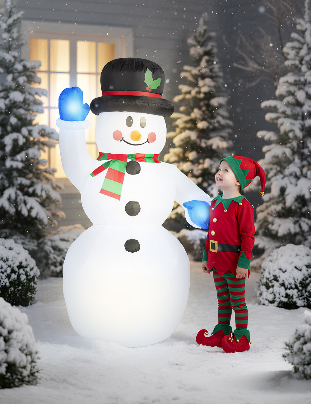 Décoration gonflable lumineuse bonhomme de neige pour jardin blanc avec chapeau noir et moufles bleues
