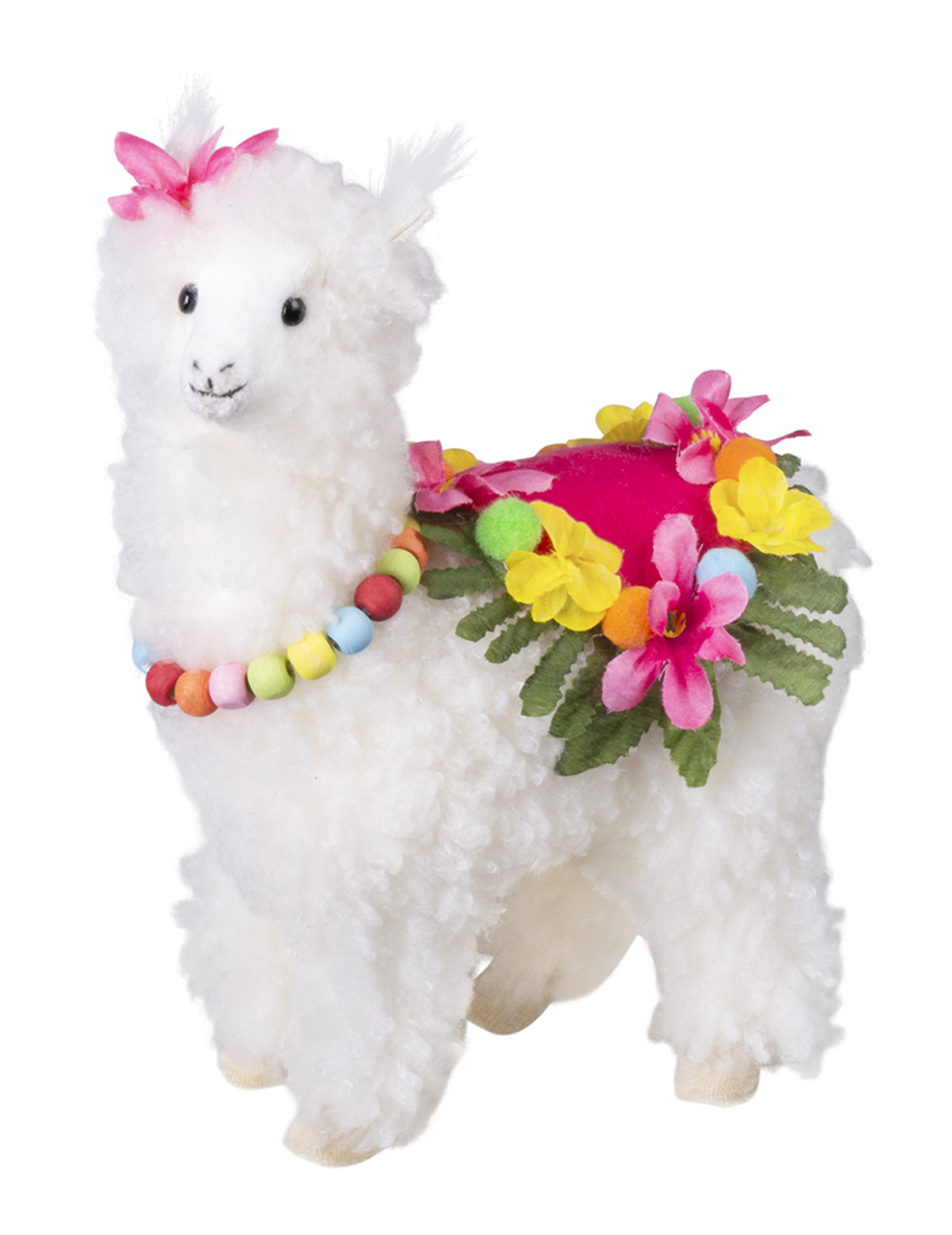 Décoration lama pour fête blanc à fleurs et perles multicolores