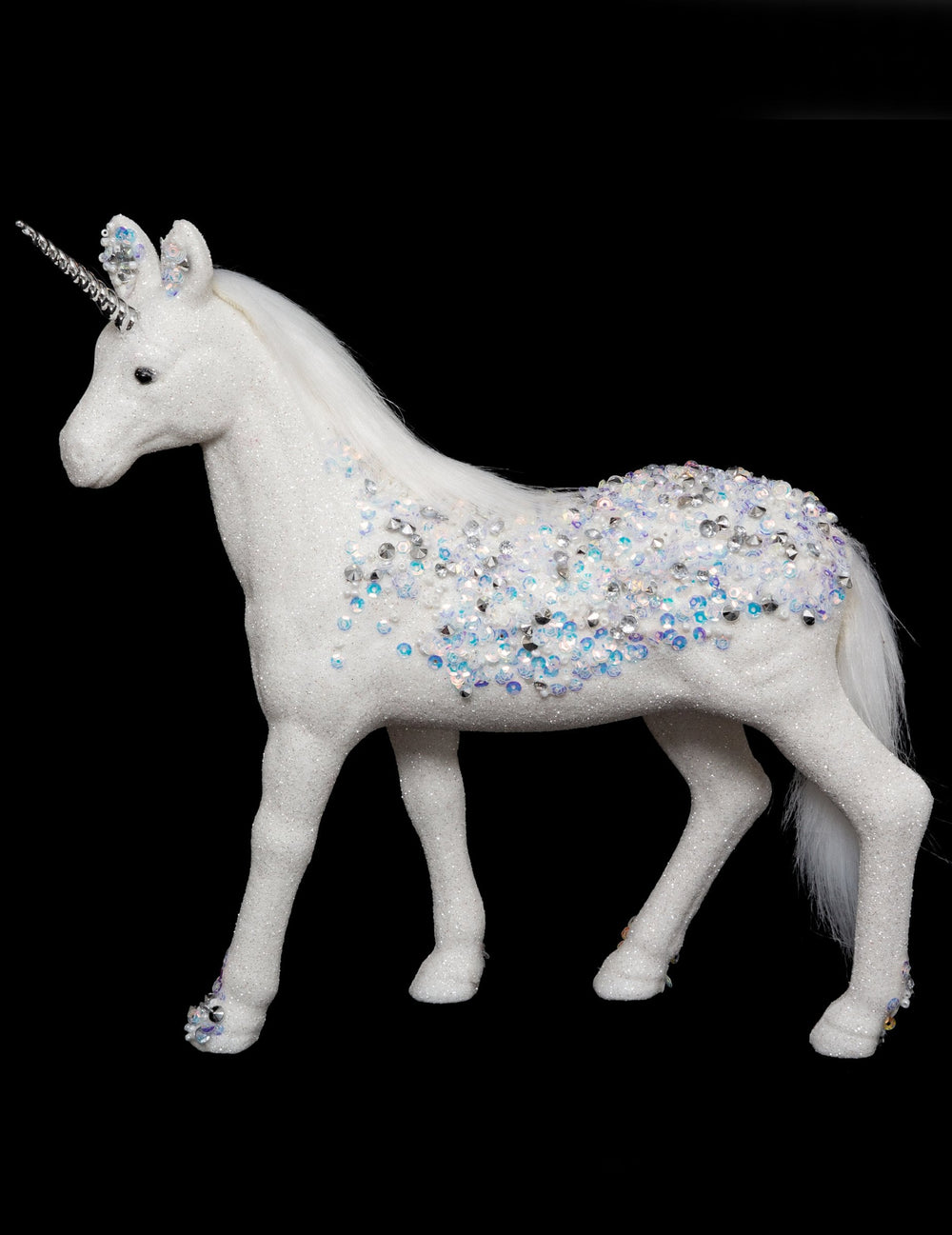 Décoration licorne blanche à strass bleu et argent