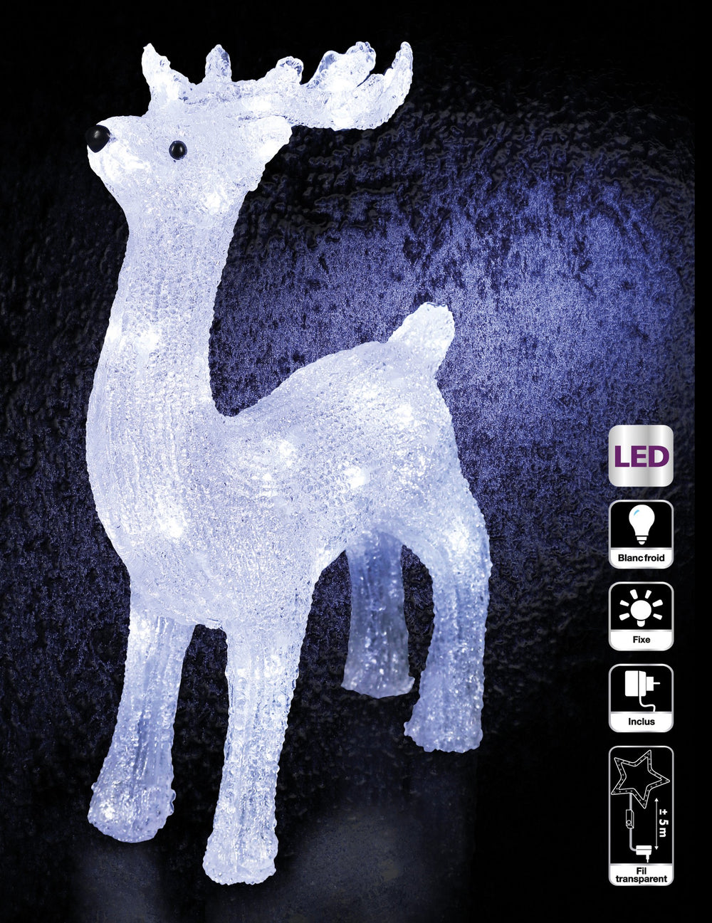 Vue illuminée de la décoration lumineuse renne