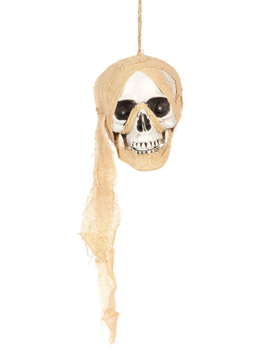 Décoration lumineuse tête de mort pirate à suspendre beige avec bandages en tissu