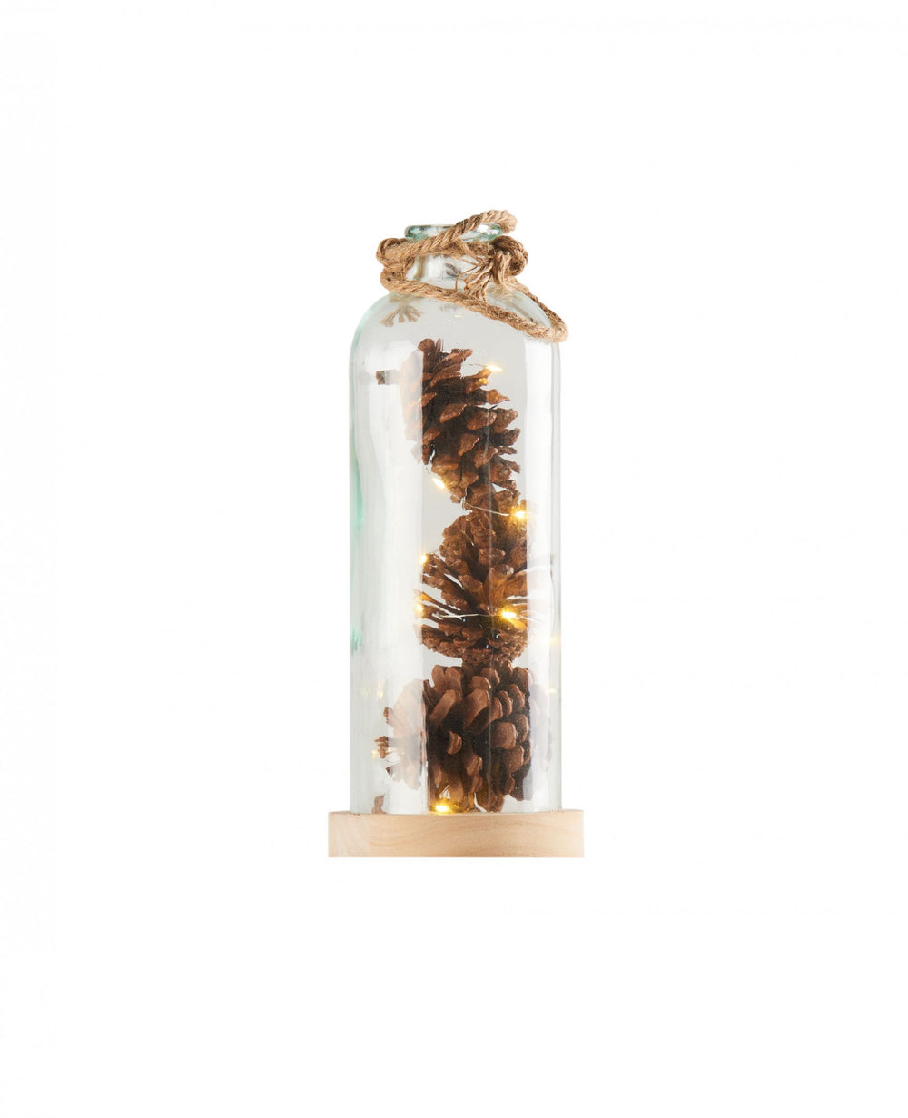 Décoration lumineuse vase avec pommes de pin pour la maison en verre et bois