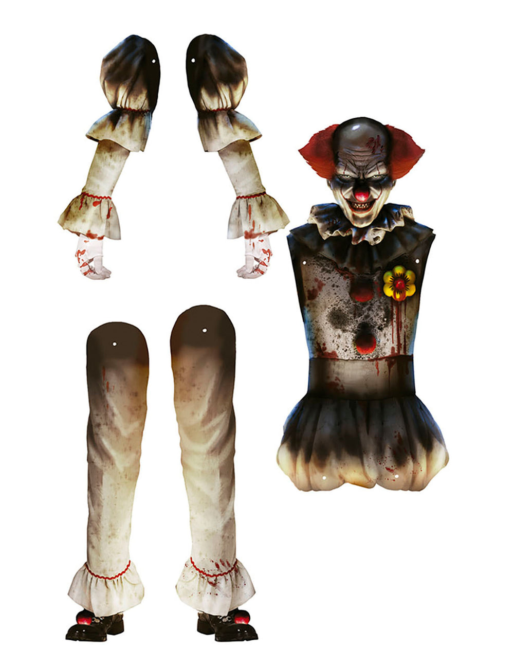 Détail des différentes pièces de la décoration murale clown pour Halloween terrifiant