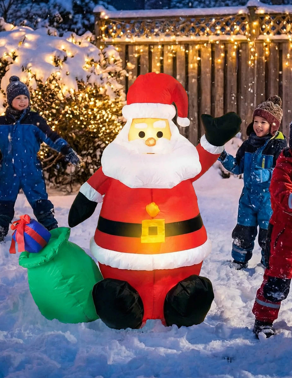 Dekorácia santa claus nes ma a svetelná na vonkajšie použitie červená a biela s zelená taškou