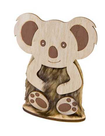 Malá drevená a kožušinová dekorácia s koalou, 15,5 x 8 cm