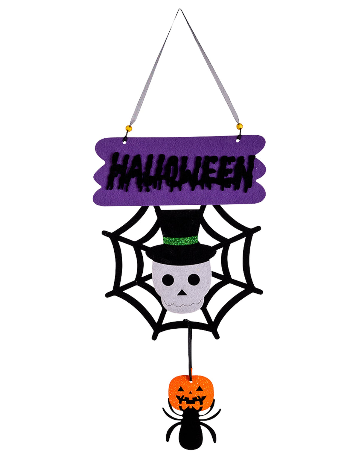 Décoration petit squelette pour Halloween violette et noire avec toile d'araignée et citrouille
