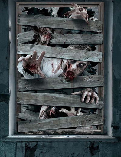 Décoration pour fenêtre zombies pour Halloween effet planches de bois ensanglantées
