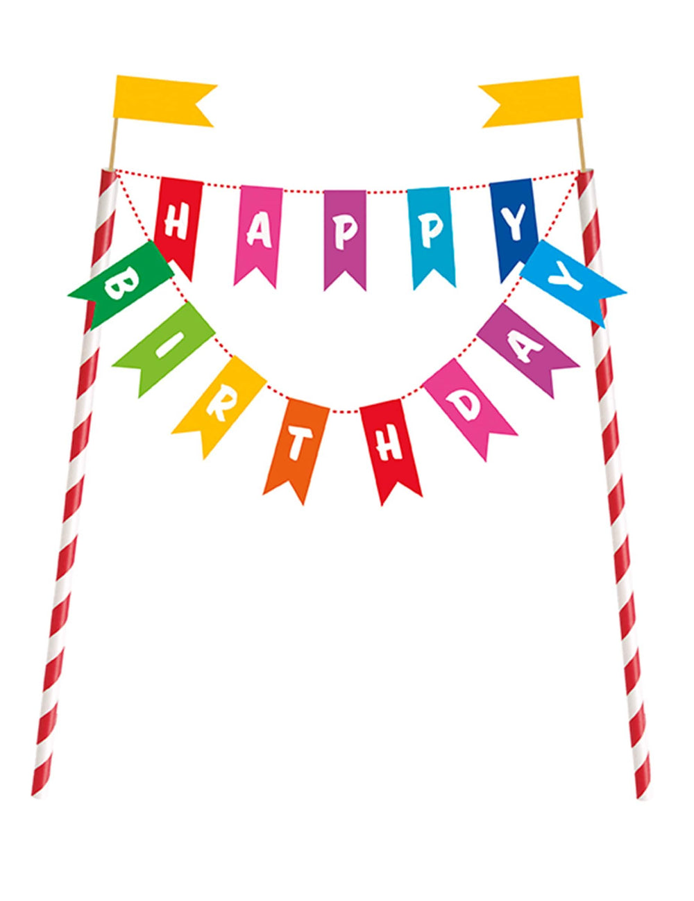 Dekorácia na tortu Happy Birthday pre narodeniny viacfarebné s zástavkami a pruhovanými paličkami