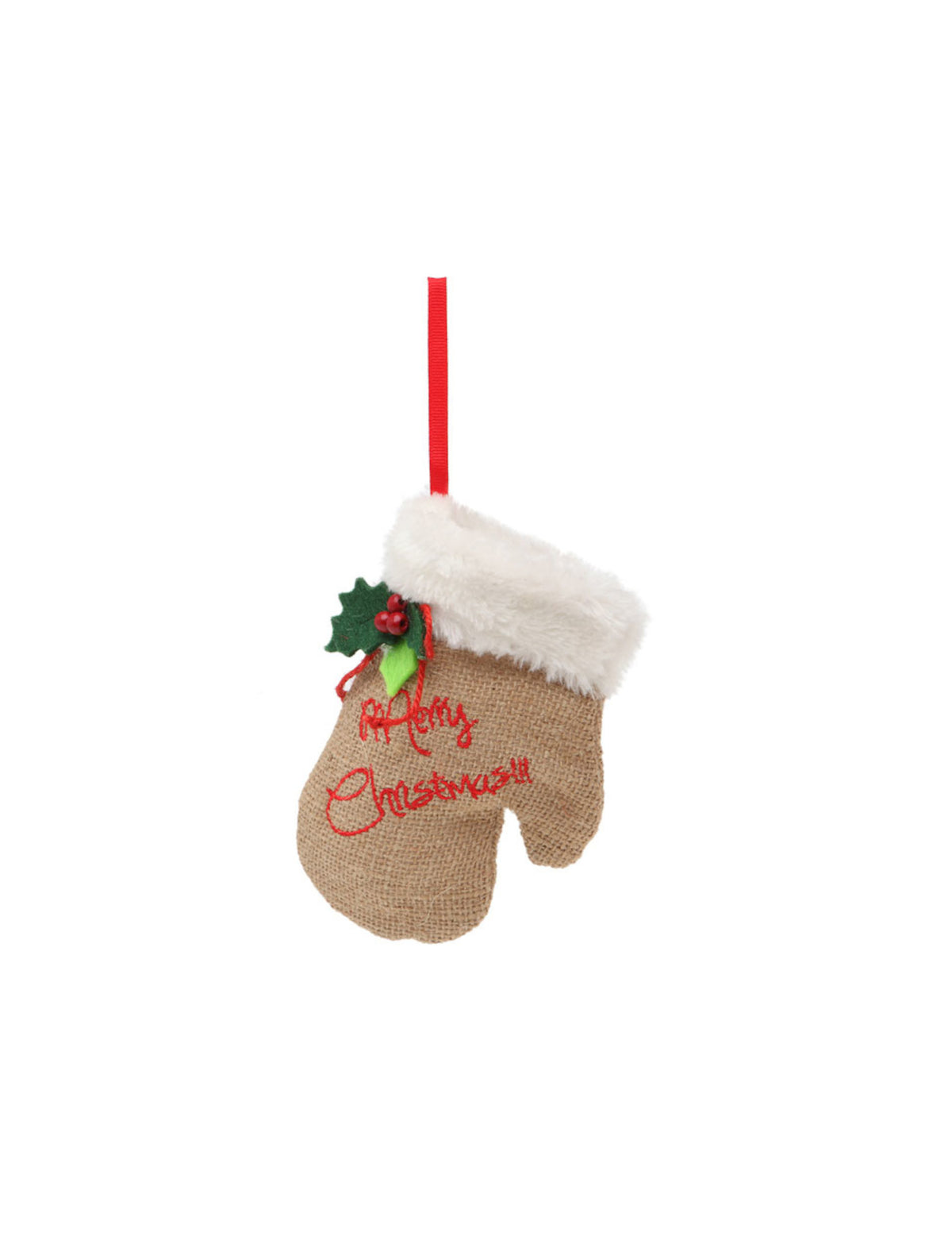 Suspension moufle de Noël pour décoration en jute et fourrure avec houx et broderie rouge