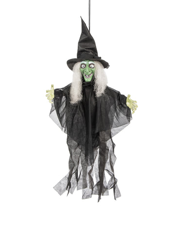Décoration sorcière animée lumineuse et parlante pour Halloween noire et verte