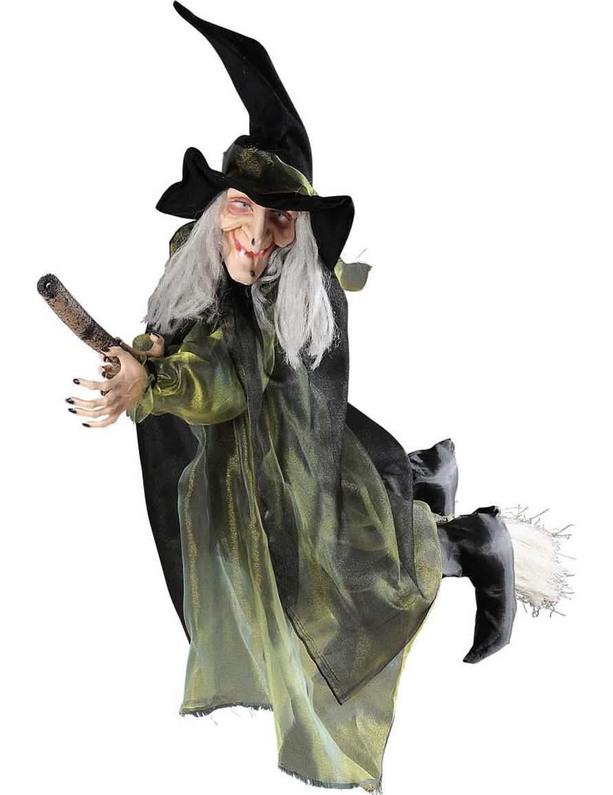 Lietajúca čarodejnica na metle na halloween čierna a zelená