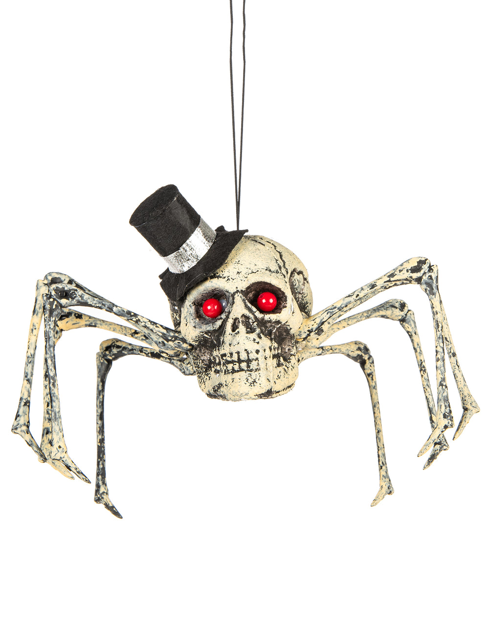 Décoration squelette araignée pour Halloween beige avec chapeau haut-de-forme et yeux rouges
