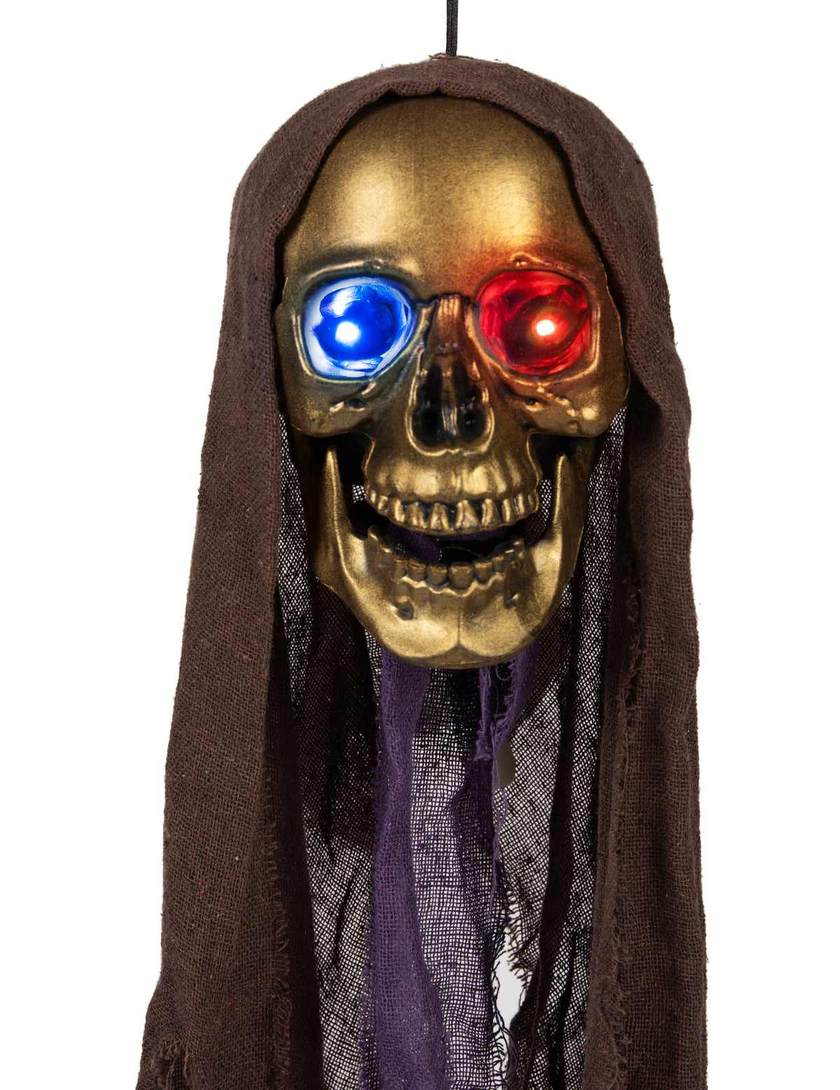 Vue de face de la décoration tête de faucheuse à suspendre pour Halloween
