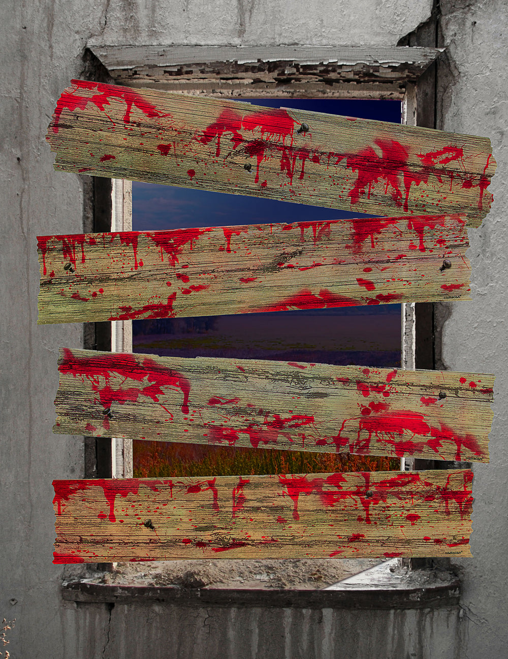 Mise en situation sur une fenêtre des décorations barricades de zombie