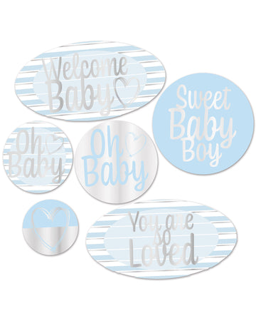 6 modrých a strieborných kartónových dekorácií na detskú oslavu s nápisom „Vitajte, bábätko“