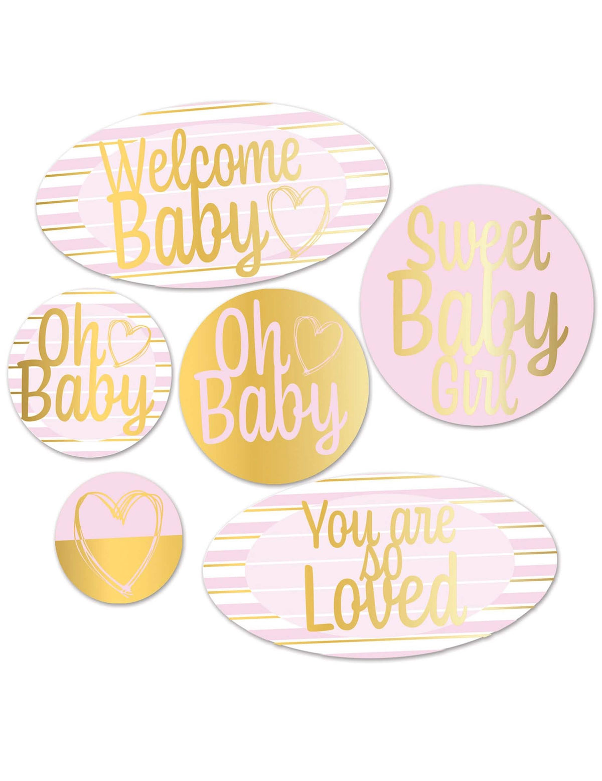 6 kartónových dekorácií Welcome Baby na baby shower ružová a zlatá