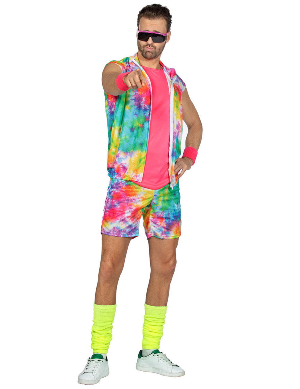 Vue de face du déguisement aérobic tie and dye pour homme multicolore fluo