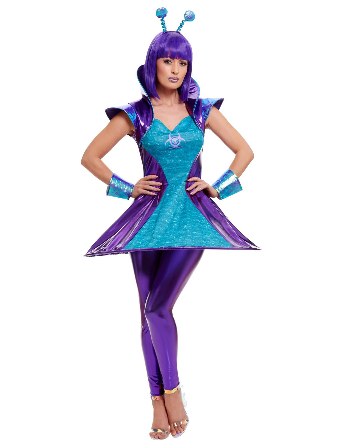 Déguisement alien pour femme bleu et violet métallisé avec serre-tête