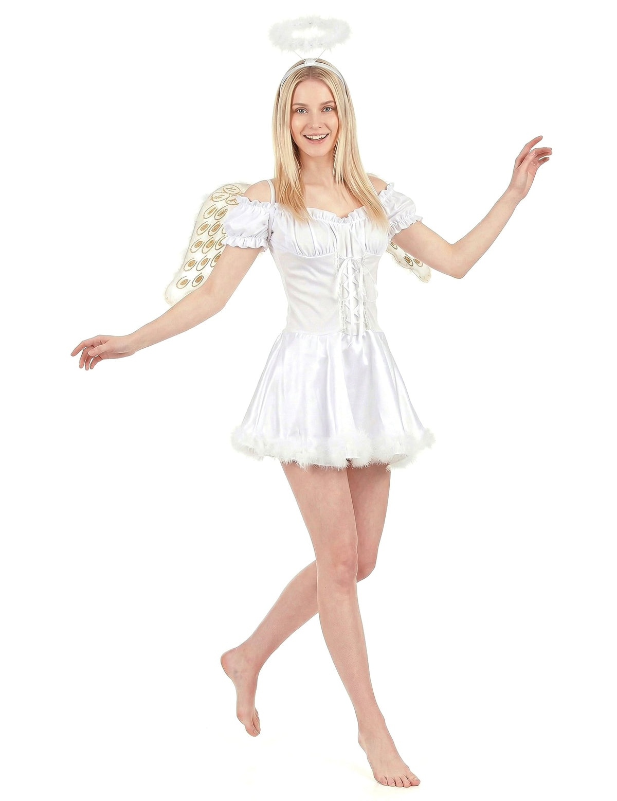 Vue de face du déguisement ange blanc sexy pour femme