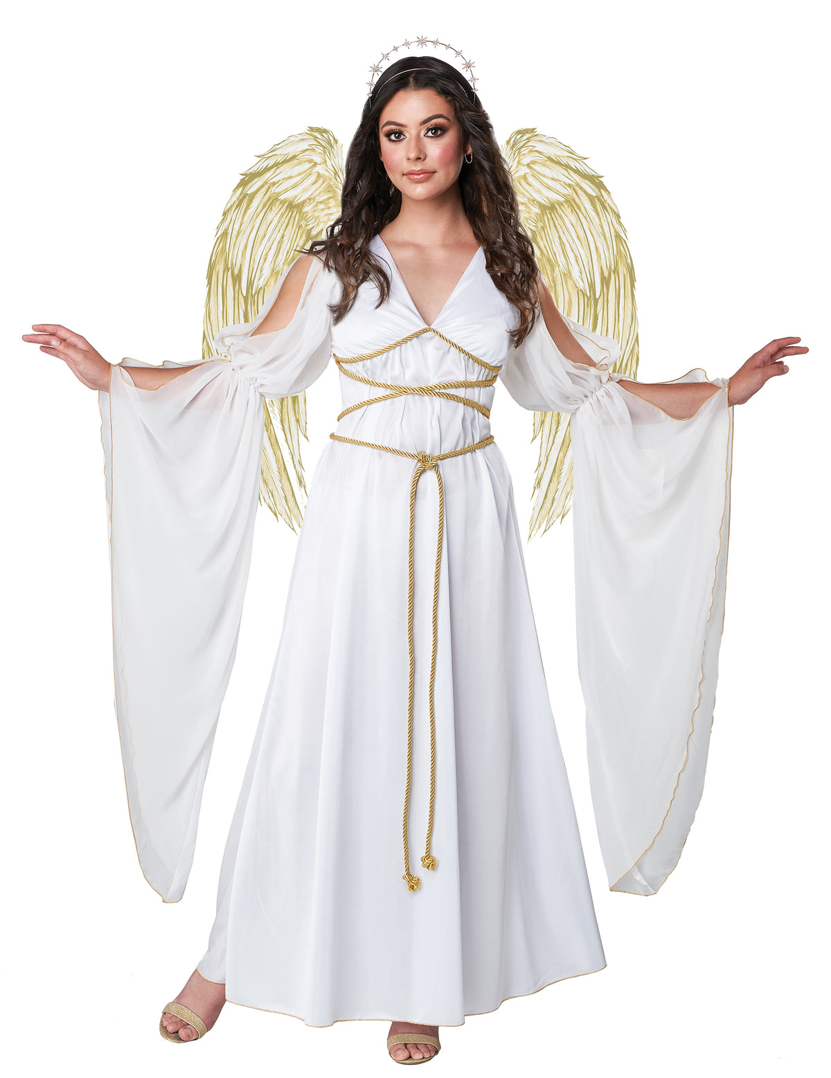 Déguisement ange divin pour femme blanc luxe avec ailes dorées