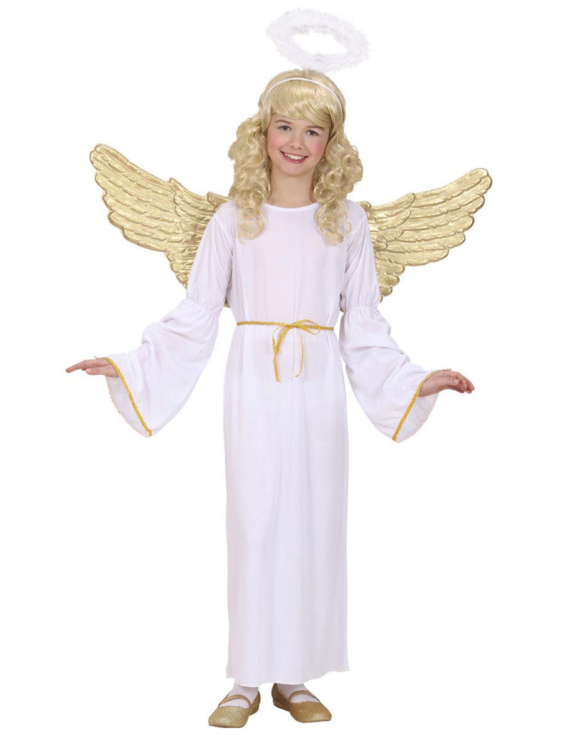 Detský kostým anjela v bielej a zlatej farbe s krídlami a aureolou