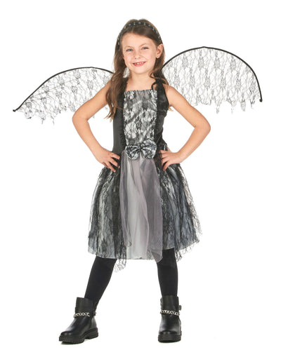 Déguisement ange gothique pour fille gris et noir avec ailes en dentelle