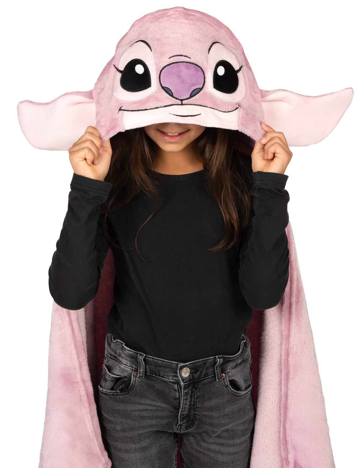 Gros plan sur la capuche du déguisement plaid polaire à capuche Angel Lilo & Stitch