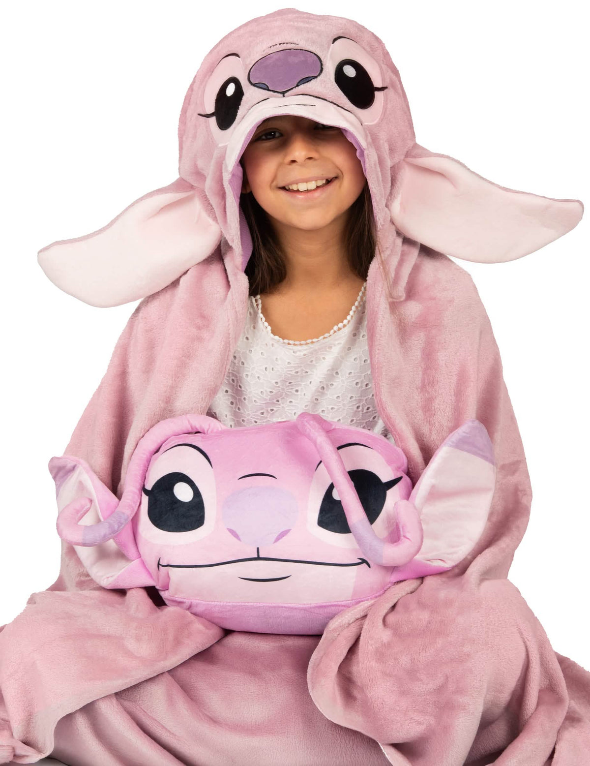 Détail de la capuche et du coussin du déguisement plaid polaire à capuche Angel Lilo & Stitch