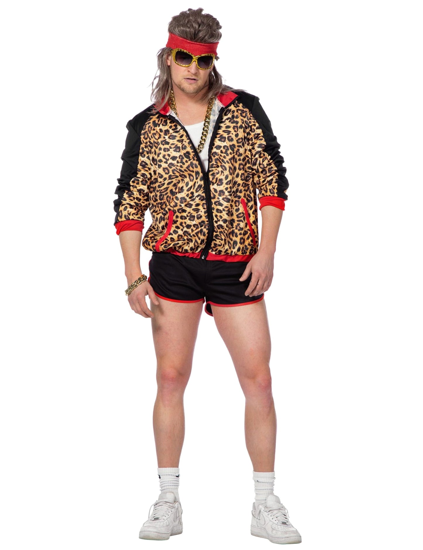 Déguisement années 80 imprimé léopard pour homme avec veste et short noir et marron