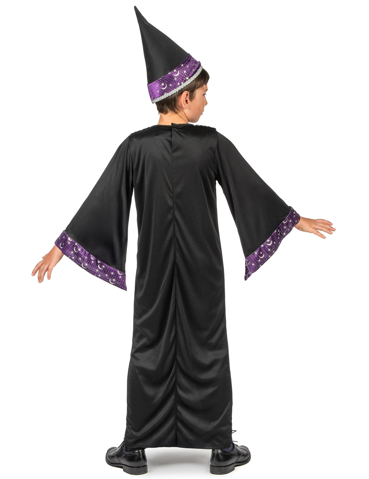 Déguisement d'apprenti sorcier pour enfant noir et violet avec chapeau pointu