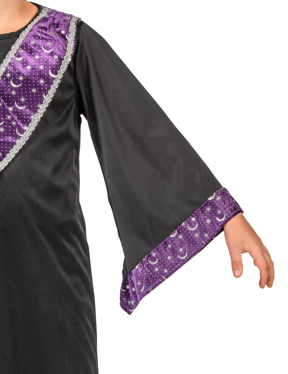 Détail de la manche évasée à motifs lunes du déguisement d'apprenti sorcier pour enfant