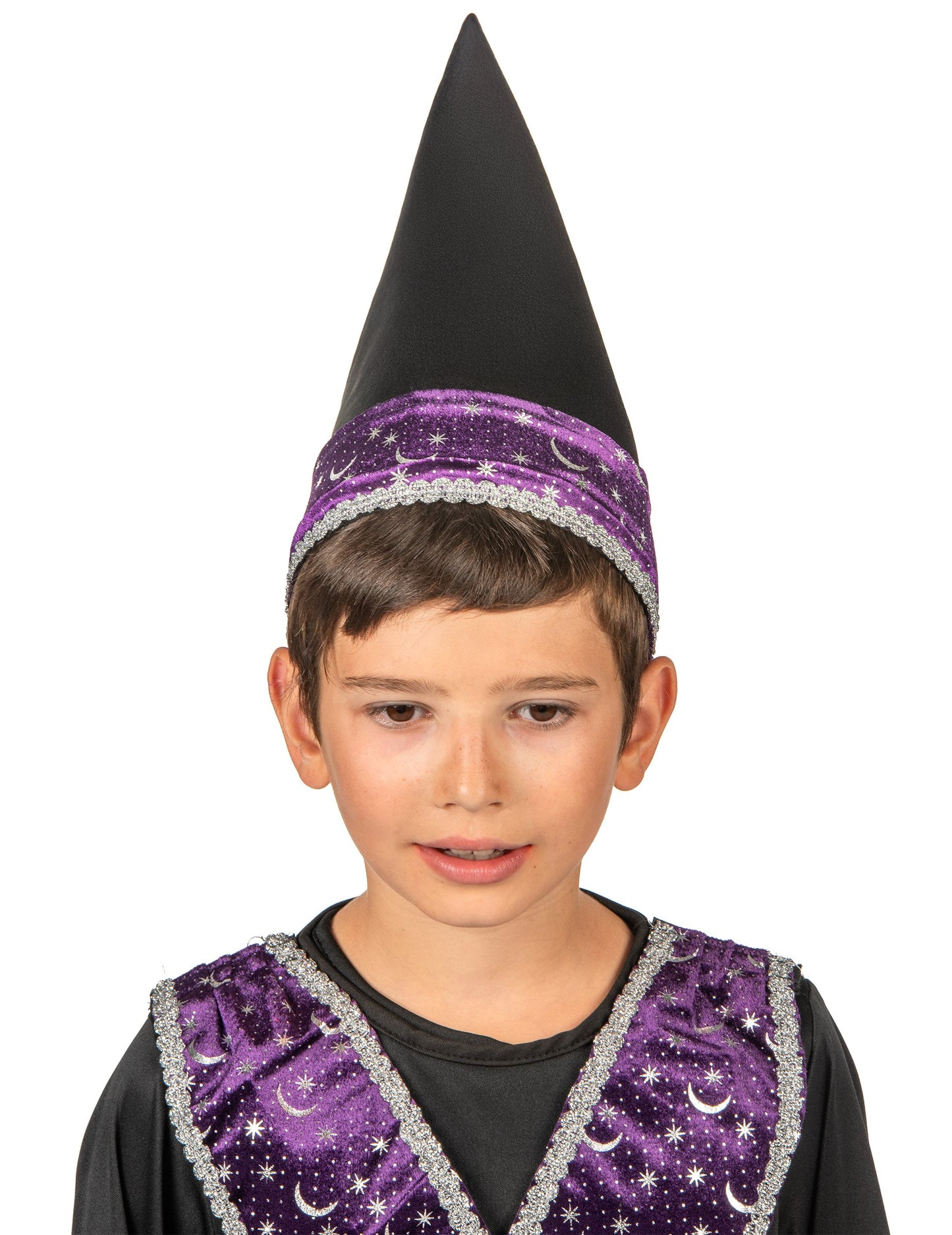 Gros plan sur le chapeau pointu du déguisement apprenti sorcier pour enfant