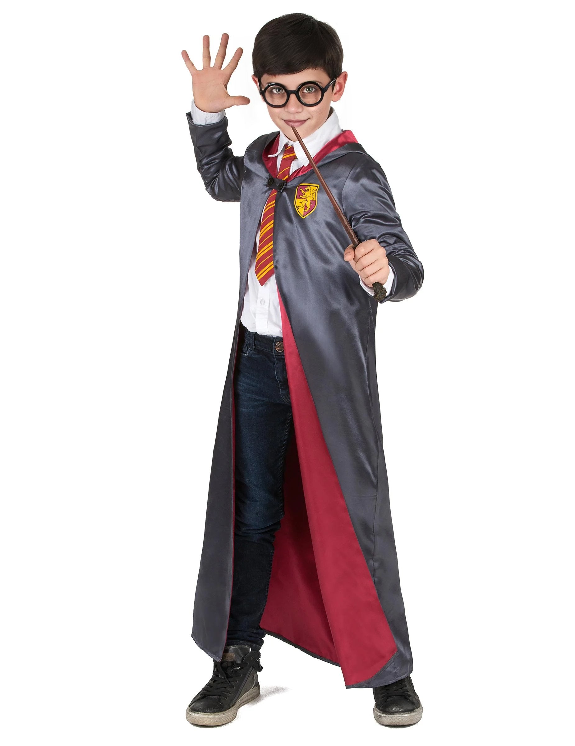 Déguisement Apprenti Sorcier pour garçon gris et bordeaux avec cravate et lunettes