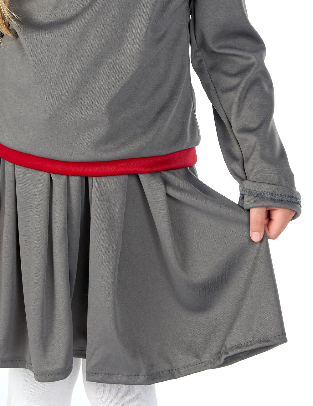 Détail de la jupe plissée et de la ceinture rouge du déguisement d'apprentie sorcière pour fille