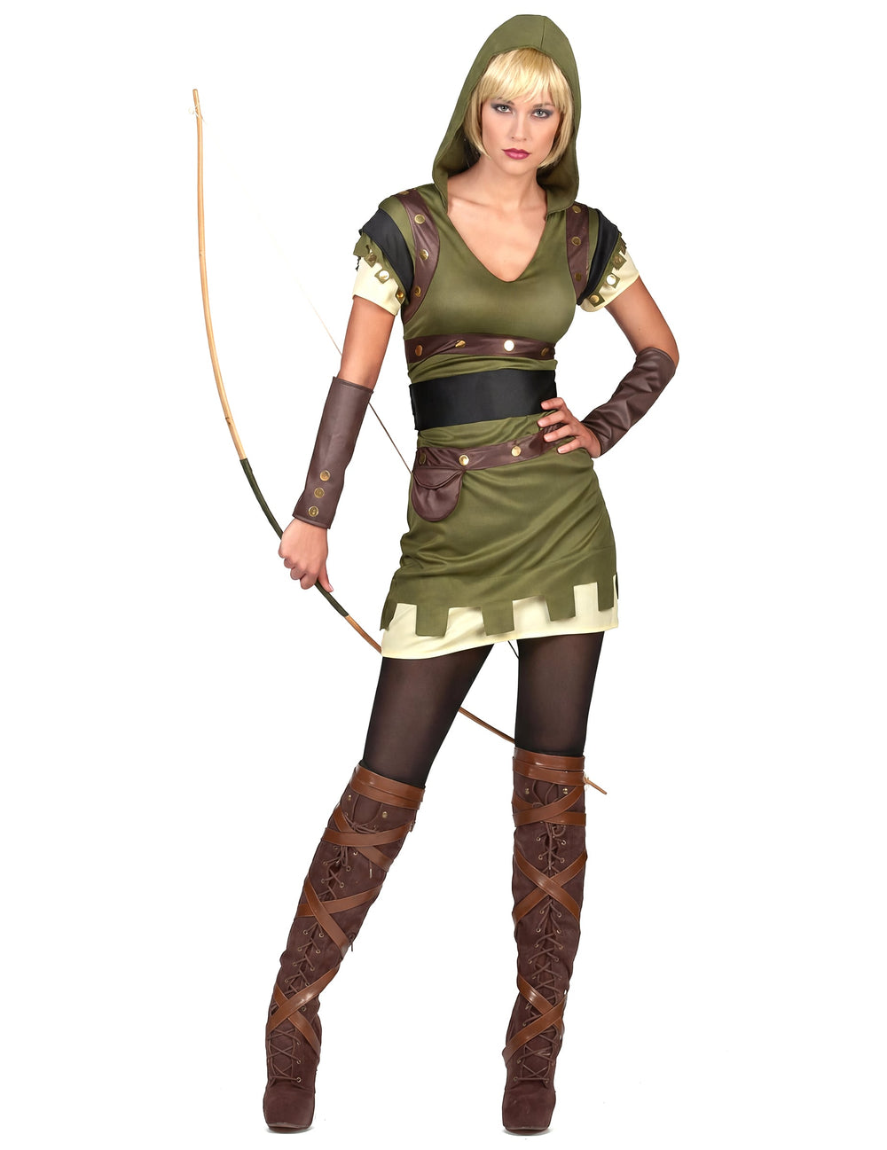 Déguisement archer vert des bois pour femme vert et marron avec capuche