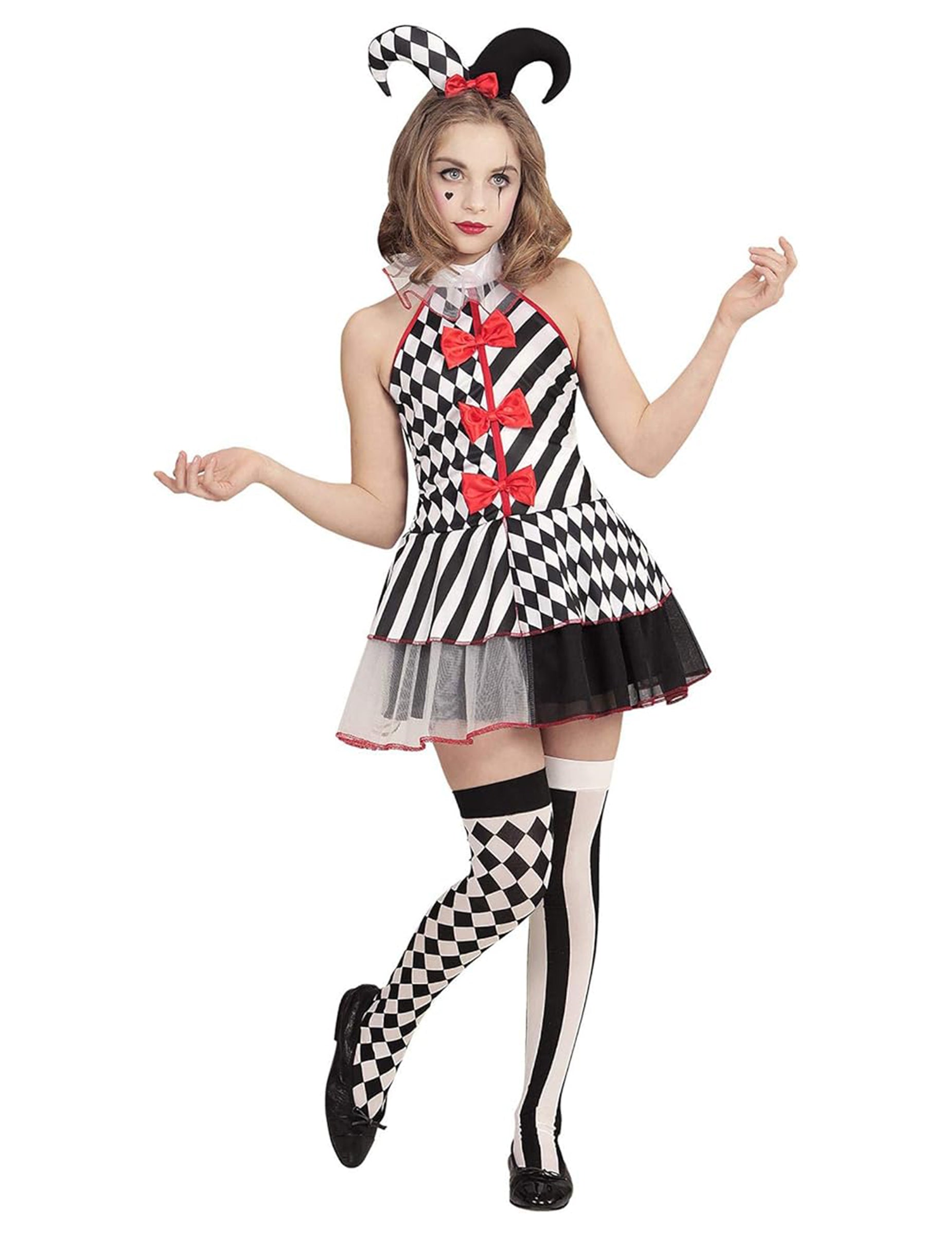 Vue de face du déguisement arlequin damier pour fille
