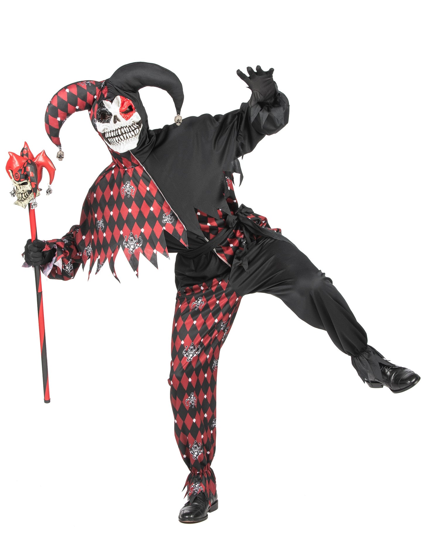 Vue d'ensemble en pose dynamique du déguisement Arlequin du mal luxe pour homme