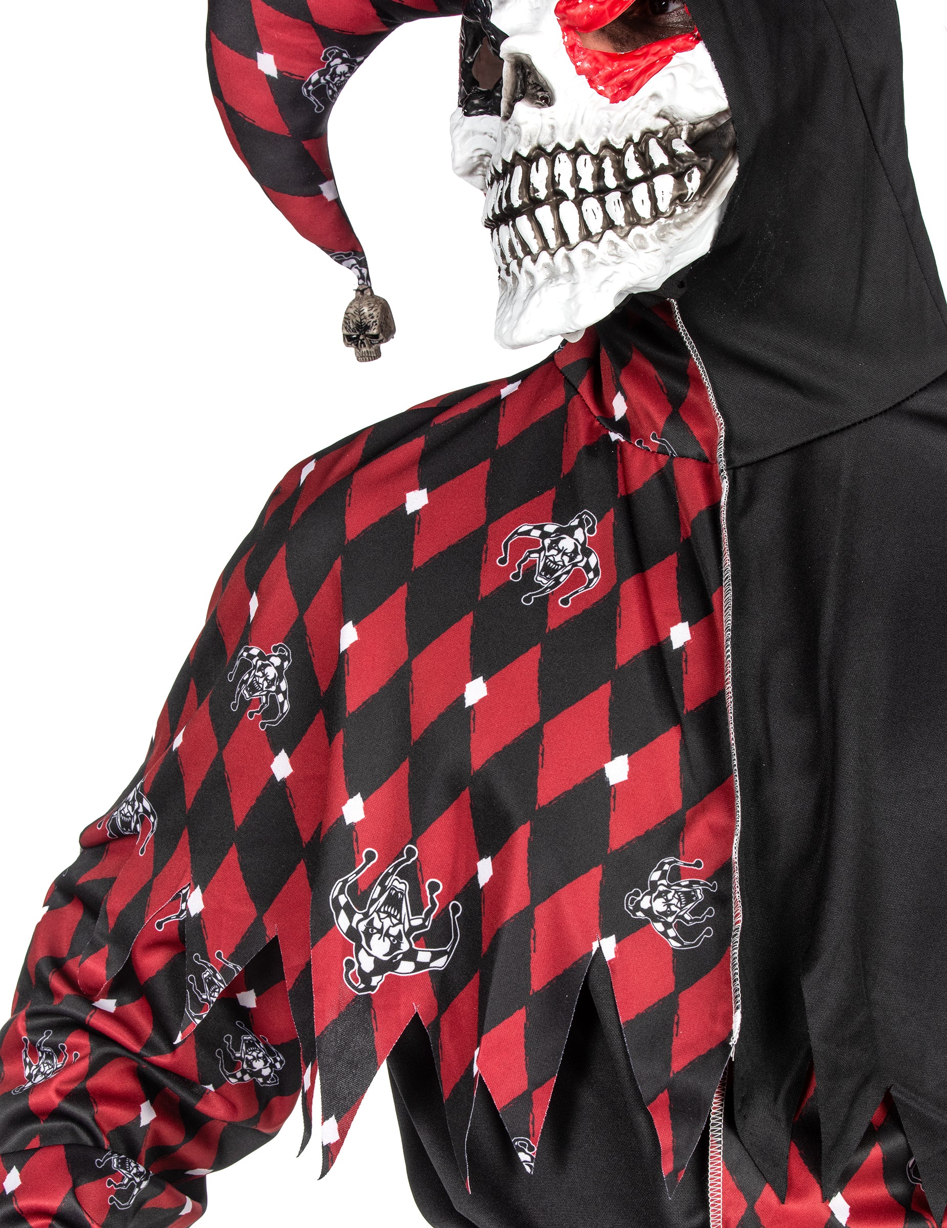 Gros plan sur le buste et le masque du déguisement Arlequin du mal luxe pour homme