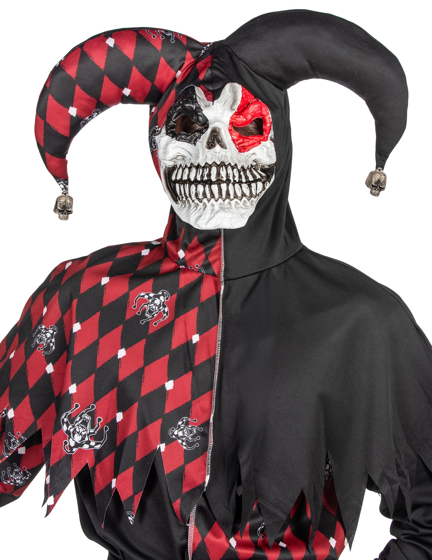 Détail du masque de squelette et de la coiffe du déguisement Arlequin du mal luxe pour homme